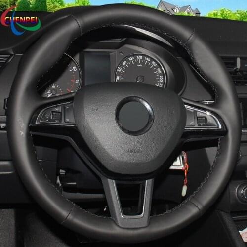 DIY Hand-Stitched Black Leather Steering Wheel Cover For Skoda Citigo Fabia 13-19 Roomster 13-16 Rapid 12-19 Car Accessories