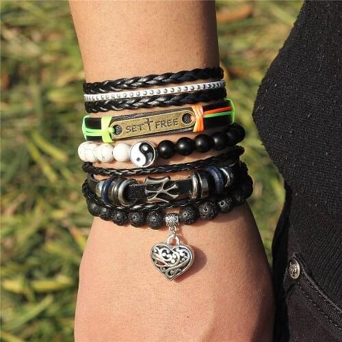 DGW 5PCS SET Gossip Distance Bracelet Men Woven Wrap Multilayer Vintage Punk Leather Bangle Jewellery Black&White beads Bracelet