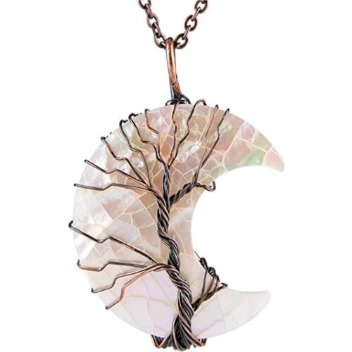 FYJS Unique Copper Wire Wrap Crescent Moon White Shell Pendant Link Chain Necklace Classic Style Jewelry