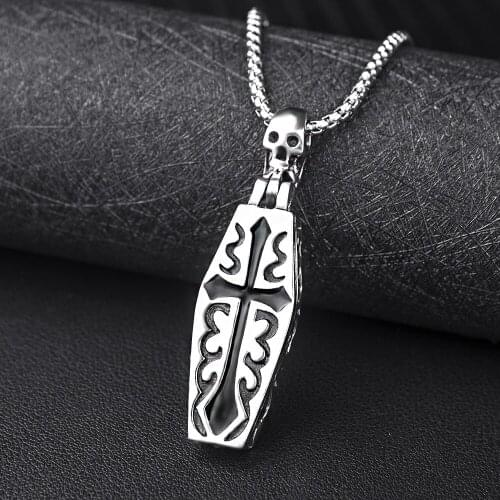 Grim Reaper Necklace Mens Domineering Coffin Pendant Mens Retro Punk Cross Necklaces Jewelry Long Chain