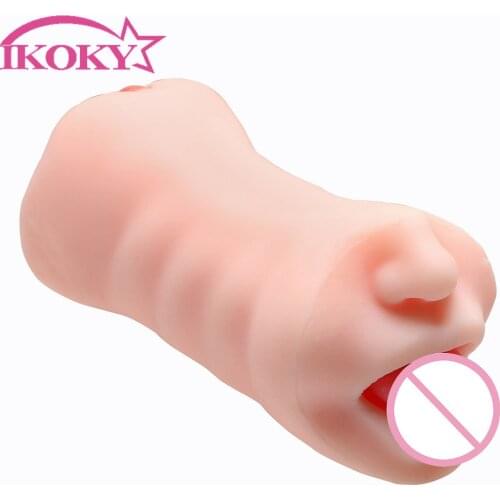 IKOKY Silicone Sex Products Double Tunnels Oral Sex Artificial Vagina Mouth Portable Male Masturbation Sex Toys for Men Male