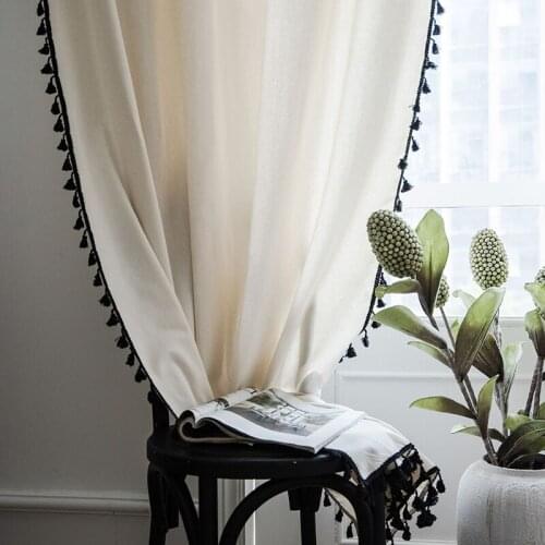 Cotton Hemp Solid Black Tassel Semi Shading Kitchen Curtain Japanese Simple Partition Curtain Window Light Transmission