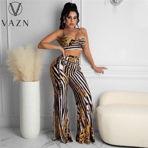 VAZN 2020 Vintage Women Sleeveless Strapless Suit Colorful Print Bandage Sport Set Tracksuit Sexy Suit Two Piece Set