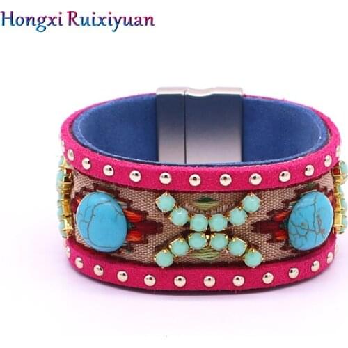 Leather Bracelet High-Film Leather Rhinestone Bracelet Bohemian Hippie Jewelry Rose Red and Green Bracelet Womens Jewelry