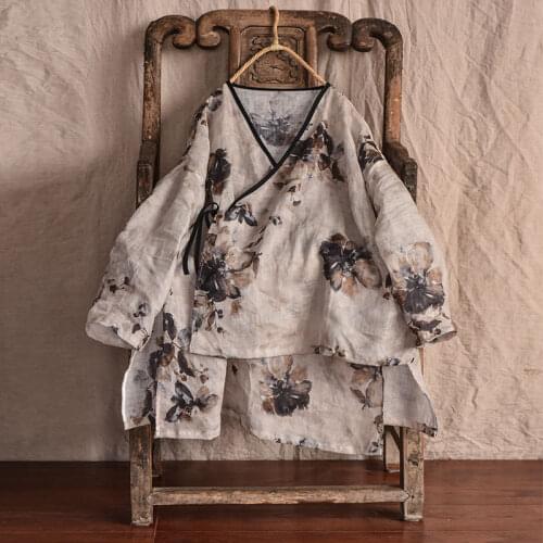 Women Printed Patchwork Irregular Length Jackets Ladies Loose Ramie Coat Outerwear Female Thin Ramie Coat Spring Summer