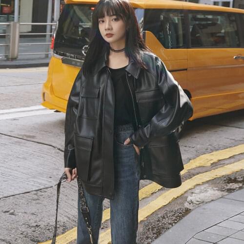 Spring Turn-down Collar motorcycle Leather Jacket Women Windbreaker Harajuku PU Jacket Loose BF Jacket Female Large Size Coat
