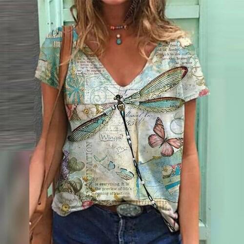 40# Summer T-shirts Women Harajuku Tops Loose Dragonfly Print Soft Causal Short Sleeve T-shirt Plus Size Loose Tops Футболка