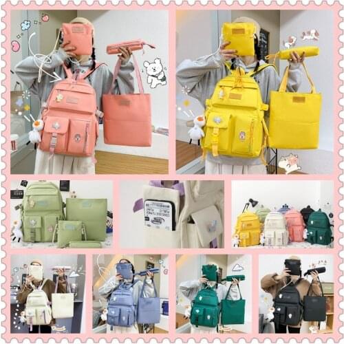 4 Piece Set Womens backpack School Bag for Teenage Girls 2021 Canvas Travel Backpack Women Bookbags Teen Student School bags