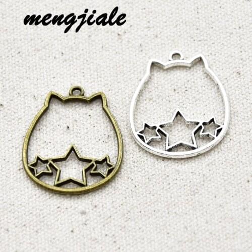 20pcs Two Color Alloy Jewelry Accessories Hollow Cat Shaped with three Stars Charms fit Glue Blank Pendant Tray Bezel 34*26mm
