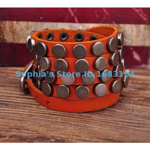 S317 Orange Rock R&B Round Studs Multi 5-Wrap Leather Wristband Bracelet Bangle Mens