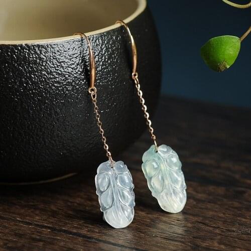 18K gold inlaid ice-touch pale green jade leaves jade earringgenuine genuine natural A cargo jade earring snare matching certifi