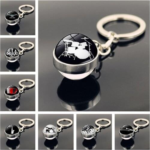 Glass Pendant, Music Metal Car Keychain Keyring, Musical Instruments Jewelry, Drum Set Photo Key Chain