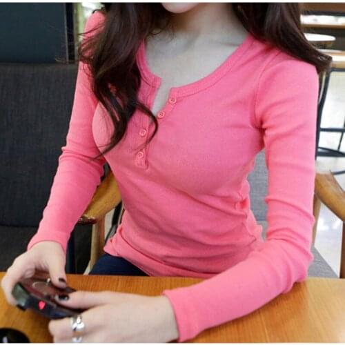 New Fashion Spring Autumn Long SLeeve Knitted Women Elegant T Shirt Plus Size 3XL Solid V-Neck Button Slim Female White Tops