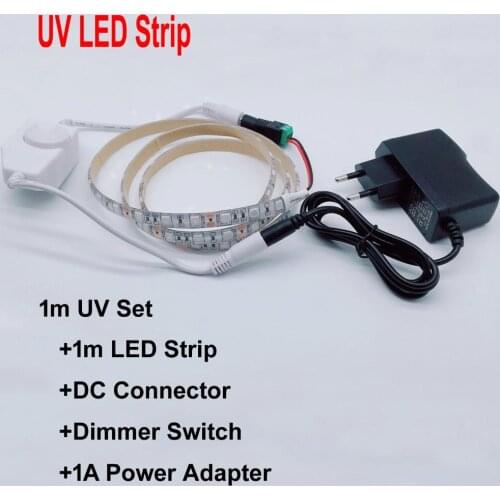 UV Led Strip light 5050 SMD 60leds/m 395-405nm Ultraviolet Ray LED Diode Ribbon Purple Flexible lamp+Dimmer Switch+power adapter