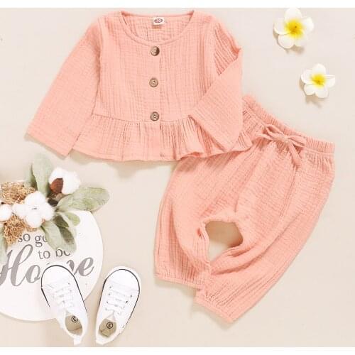 Baby Girls Spring Suit Linen Cotton Kids Clothes Set For Childrens Tops+Lacing Solid Pants Sets Pink 3-24 Months Infant Outfits