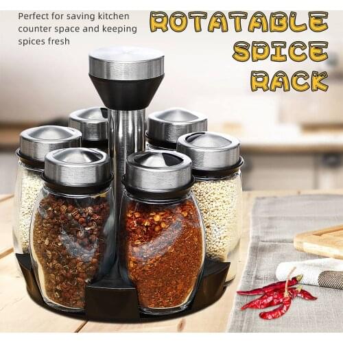 Rotating Spice Seasoning Storage Rack Stand Holder 6 Bottles Pepper Salt Shakers Kitchen Organizer Shelf Condiment Sprays Box