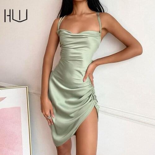 Sleeveless Elegant Party Outfits Satin Lace Up Irregular Mini Dress Bandage Vestidos Ruched Pleated Drawstring Women Bodycon
