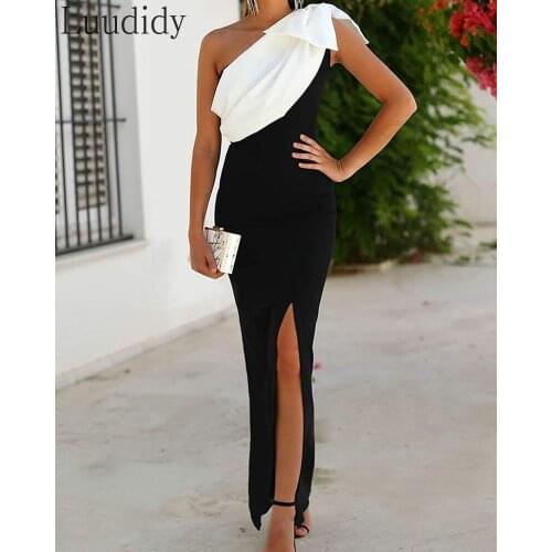 Women Elegant Colorblock One Shoulder Sashes High Silt Folds Sexy Party Dress