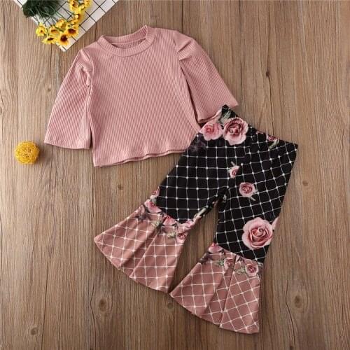 Toddler Kids Baby Girls free shipping clothes round neck solid pullover T-shirts Floral print Flared Pants 2pc autumn Outfits