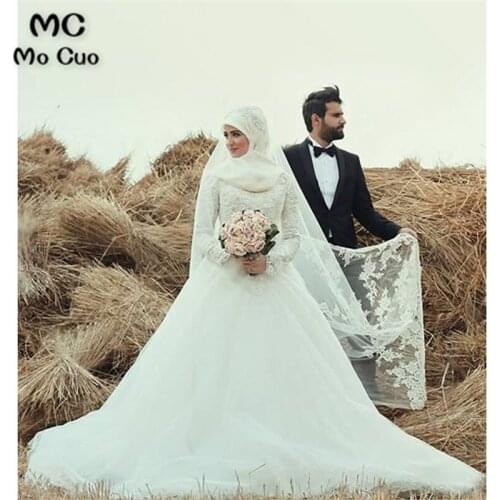 2018 Puffy Dubai Muslim Long Sleeve wedding dress Appliques Bridal Gowns Arabic Vestido De Noiva Wedding dresses
