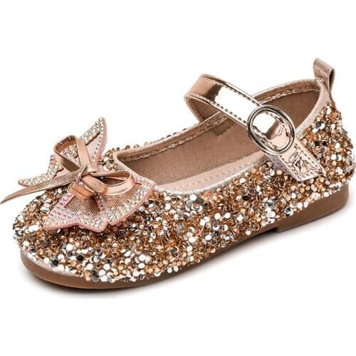 2021 Spring Flats Girls Rhinestone Leather Shoes Fashion Bow Princess Shoes Sequins Princess Sweet Cute for Party Hot Chic Kids