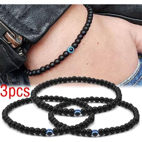 3PCS Turkish Evil Eyes Bracelet Black Natural Stone Beads Obsidian Men Braslet for Women Men Yoga Hand Jewelry Accessories