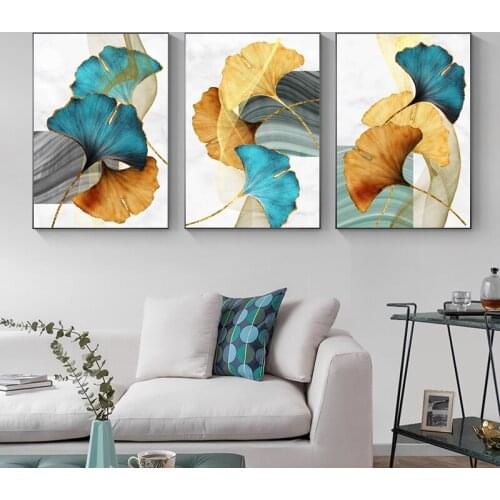 Blue Green Yellow Gold Plant Leaf Abstract Canvas Painting Nordic Modern Posters Prints Wall Art Pictures for Living Room Decor