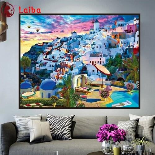 Diamond Mosaic Santorini Landscape round drill Cross Stitch Diamond Embroidery Rhinestone Painting Full Square Decor For Home