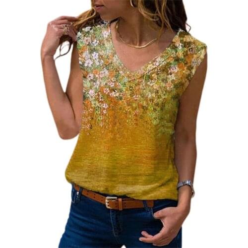 5XL Fashion Flower Print Shirt Casual Spring Summer Sleeveless Pullover Tops Elegant Women V-Neck Blouse Streetwear Plus Size