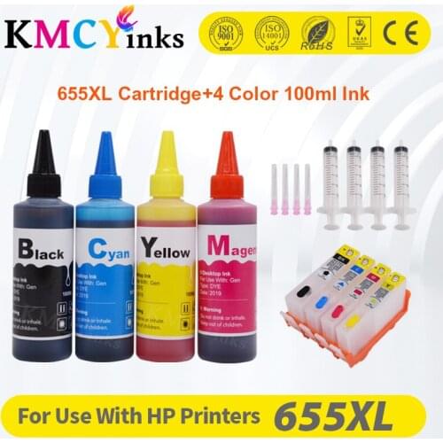 KMCYinks for hp 655 Refillable ink cartridge for HP Deskjet 3525 4615 4625 5525 6520 + Dey ink bottle 4 color Universal 400ml