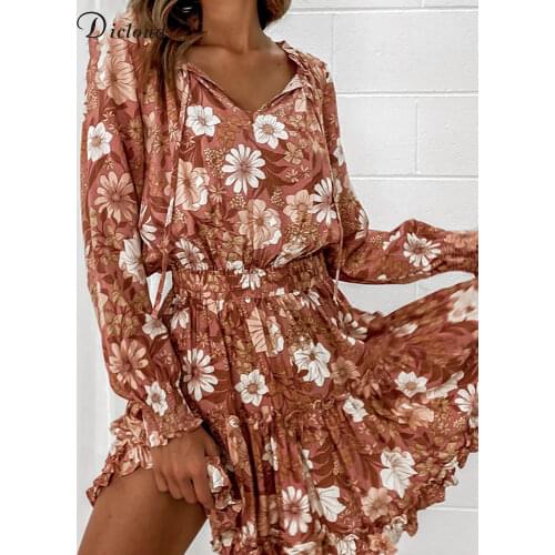 DICLOUD Women Boho Floral Print Mini Vintage Dress Elegant 2021 Spring Long Sleeve Elastic Wasit A-line Day Party Dress