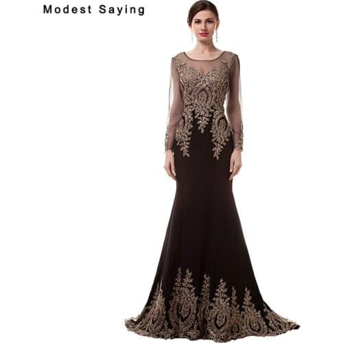 Elegant Black Mermaid Beaded Lace Long Sleeves Evening Dresses 2017 Formal Engagement Party Prom Gown vestido longo de festa