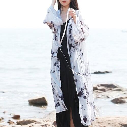 Johnature Women Chiffon Coat Long Sleeve V-Neck Print Floral Button Clothing 2021 New Soft Loose Summer Hooded Witch Cardigan