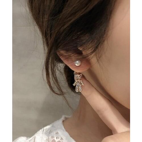 Compact Cute Full Semi-precious Stones Little Bear Earrings Temperamental Exquisite Simulated-pearl Eardrop Woman Bijoux