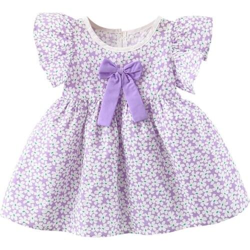 Summer Flora Girl Dress Flying Sleeve Princess Baby Dresses Cotton Newborn Toddlers Fashion Infant Outfits with Bow 2 Colors