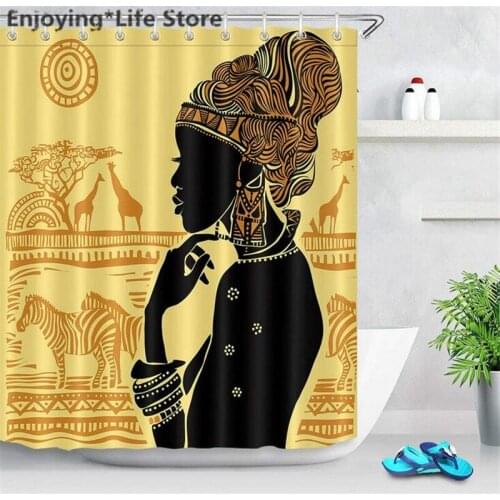 Shower Curtain Rug Africa Landscape Beautiful African Woman Waterproof Fabric Shower Curtain Set Bathroom Mat with Mat 12 Hooks