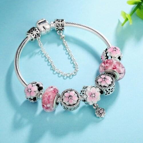 Original 925 Sterling Silver Enamel Magnolia Bloom Duo With Crystal Pendant Beads Pan Bracelet & Bangle Diy Jewelry