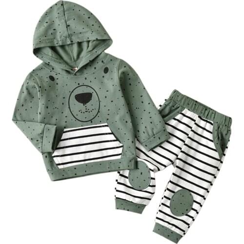 Autumn Spring Warm Baby Boys Clothes Casual Two-piece Set Army Green Stripe Printed Bear Hooded Pullover and Elastic Waist Pants