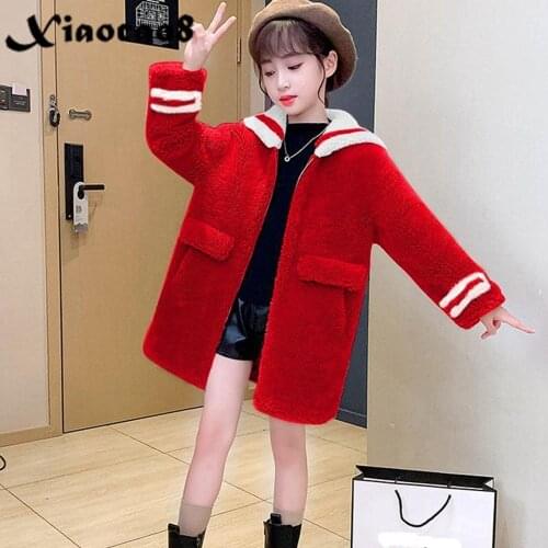 2-14 Years Kids Girls Thick Wool Lamb Jacket Coat Teenage Toddler Warm Admiral Long Outerwear Baby Winter Clothes 6 8 10 12Years