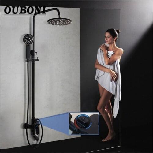 OUBONI Black Painting Wall Mounted Thermostatic Temperature Bathroom Shower Mixer Tap Faucet Set Rainfall Round Adjustable Hand