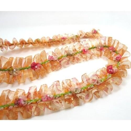 Pleated Trim|w Rococo Flower Trim|1 1/2 Inches Pleated Ombre Printed Chiffon Trim|Organza Chiffon Trim|Retro Handmade Supplies