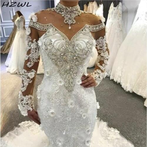 Luxury Mermaid Wedding Dresses High Sheer Neckline Major Beading Crystals Illusion Long Sleeves Bridal Dress Lace Up Back