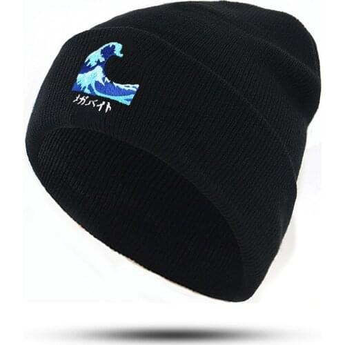 Japanese style ocean Wave embroidery beanie hat cotton flexible soft pure fashion knitted hats new men women hip hop cap winter