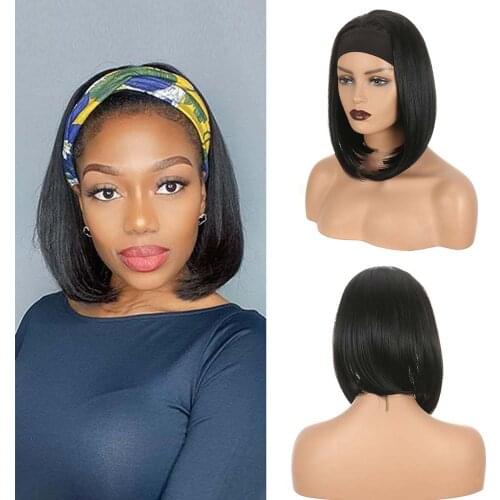 Synthetic Headband Wig 12 Inch Short Bob Wig With Scarf Straight Style Natural Color Head Band Wigs For Women African Americans