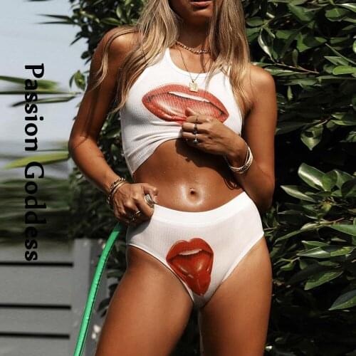 Women Sexy Lips Print 2 Piece Briefs Sets Sleeveless Crop Tops High Waist Panties Shorts Homewear Slim Two Piece Outfits Summer