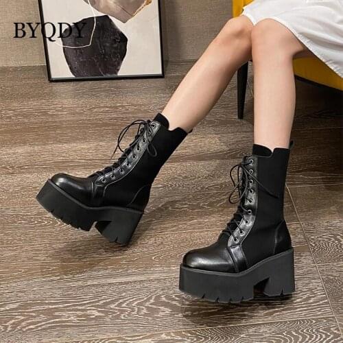 BYQDY Chunky Heels Platform Shoes Woman PU Leather Wool Warm Winter Boots For Girls Lace-up Round Head Footwear Plus Size 41