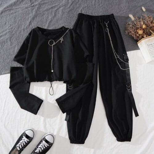2021 Spring Autumn Women Harajuku Cargo Pants Loose Casual Two-piece Fashion High Waist Long Sleeve Top + Ribbon Pants