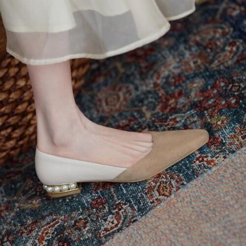 Women Flats Fashion Pearl Shallow All-Match Premium Leather Female Shoes Square Toe Slip-On Casual Lady Shoes