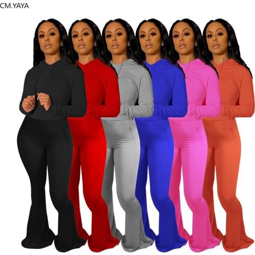 CM.YAYA Active Wear Womens Set Hooded Tops Wide Leg Flare Bellbottom Pants Suit Tracksuit Sport Two Piece Set Fitness Outfit