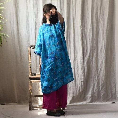 Women Summer Linen printed Robe Dress Ladies Retro Print Vintage Loose Dress Female 2020 Dresses